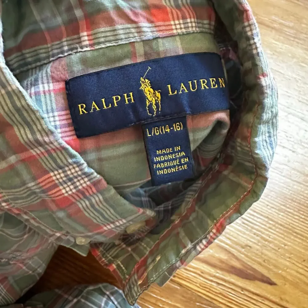 Ralph Lauren green pink‎ plaid long sleeve button up shirt SIZE L 14-16